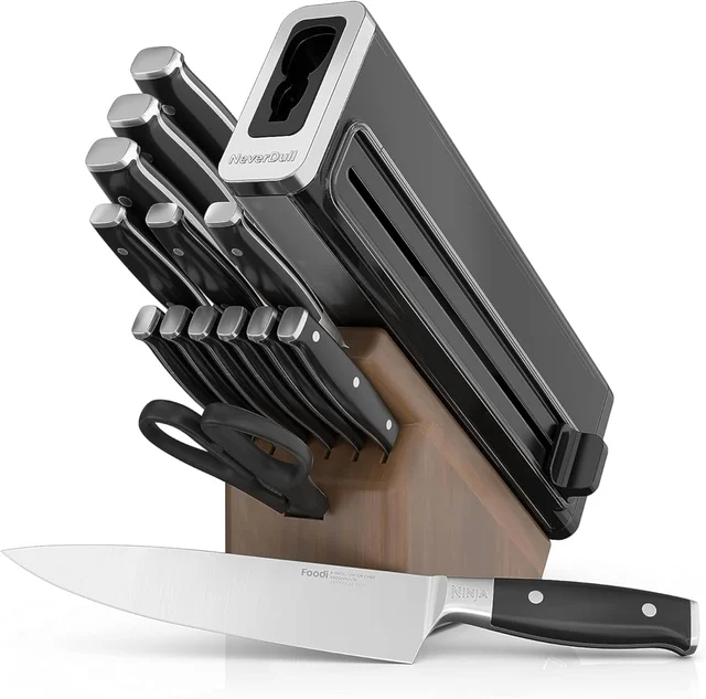 Ninja K52015 Foodi NeverDull 15-piece premium knife system in a walnut block with built-in sharpening wheel