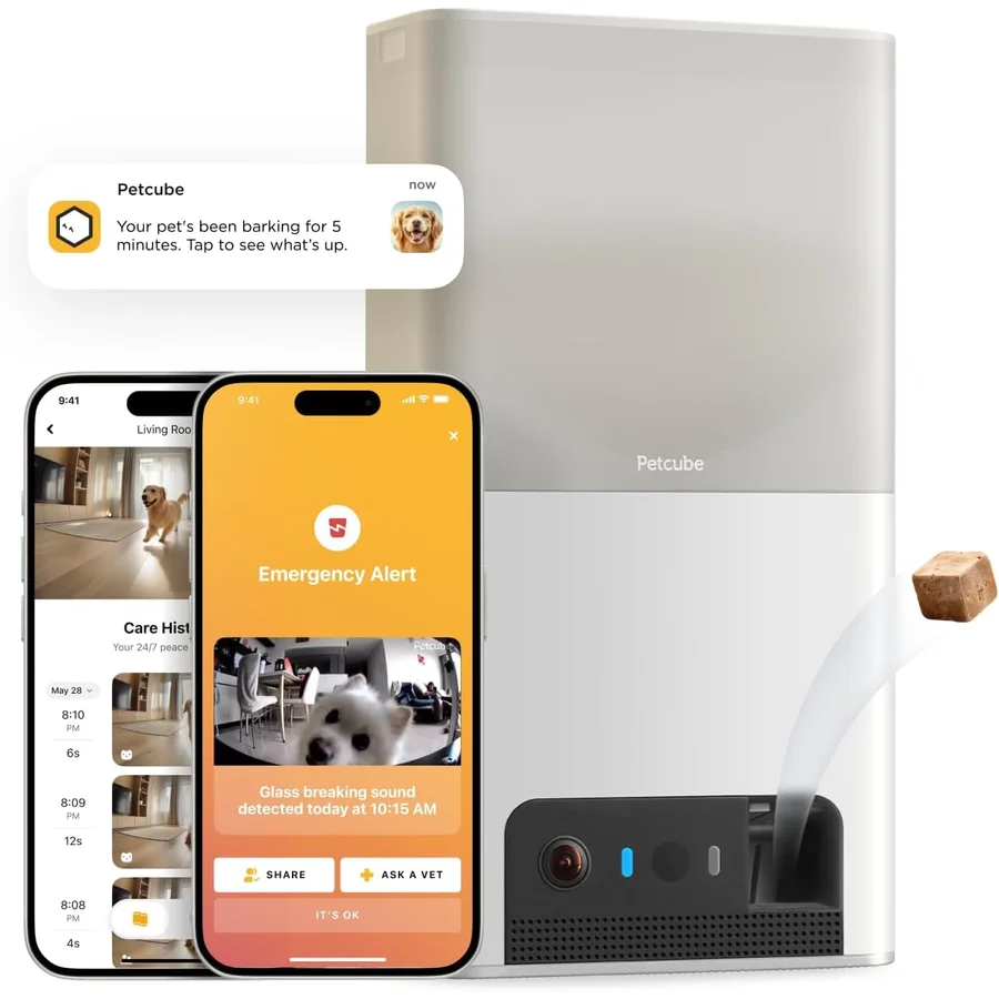 Petcube Bites 2 Lite in white with rounded modern design, integrated treat dispenser opening visible at the front, fixed 160° wide-angle camera lens, app-controlled treat tossing — engineered for cats and small dogs at the under-$100 price tier