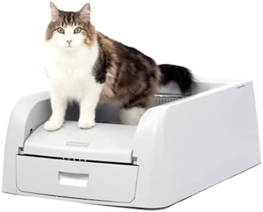 PetSafe ScoopFree Clumping self-cleaning cat litter box in white and gray with hooded top section, pull-out front waste drawer, classic rake-mechanism design — the 2024 reformulation of the trusted PetSafe ScoopFree line