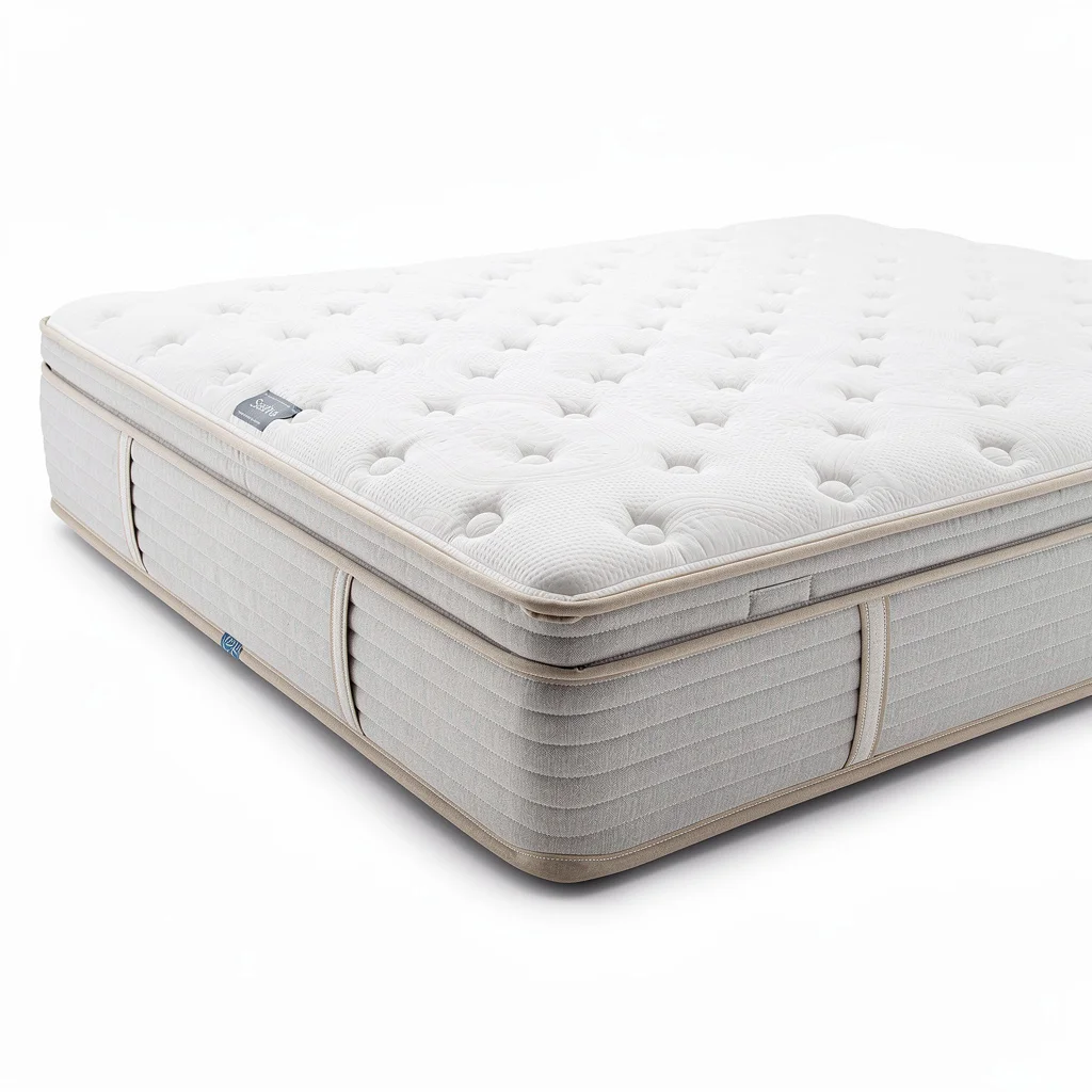 Saatva Classic Luxury Firm queen-size hybrid mattress in white organic cotton cover, dual-coil construction visible at the edge