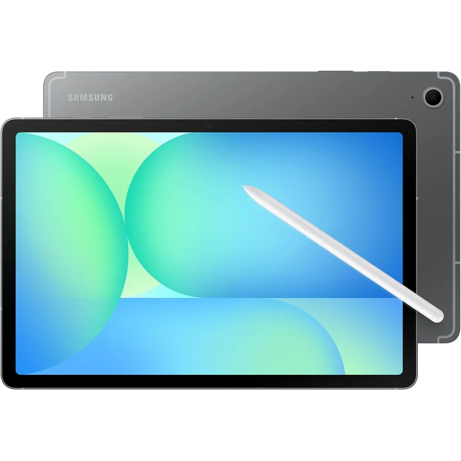 Samsung Galaxy Tab S10 FE 10.9-inch Android tablet in Gray colorway on a student desk with the included S Pen resting on the screen, the Samsung Notes app visible on the 90 Hz display showing handwritten notes, the IP68-rated aluminum frame visible