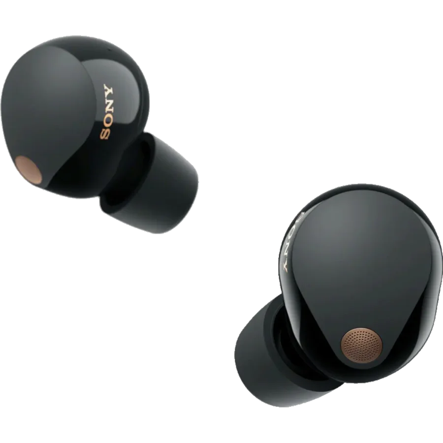 Sony WF-1000XM5 wireless earbuds in matte black with charging case open