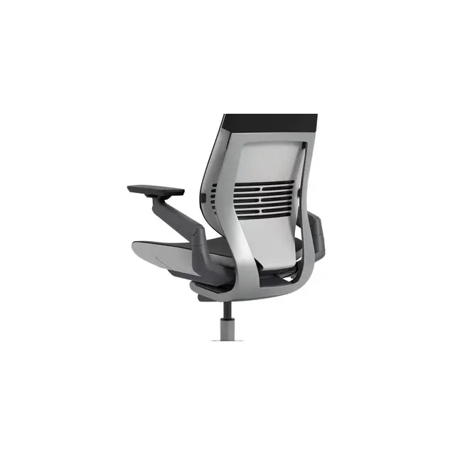 Steelcase Gesture office chair in black with full-length spine support, 360-degree pivoting padded armrests designed for laptop, tablet, and monitor multi-posture work