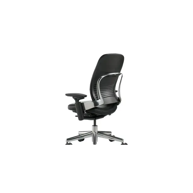Steelcase Leap V2 ergonomic office chair in black with LiveBack technology, polished aluminum base, 4-way adjustable arms
