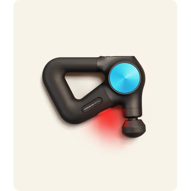 Theragun PRO Plus percussive massage gun in matte black with adjustable rotating arm and OLED screen