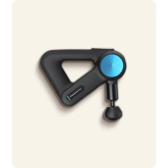 Theragun PRO percussive massage gun with multi-grip triangular handle and rotating arm head