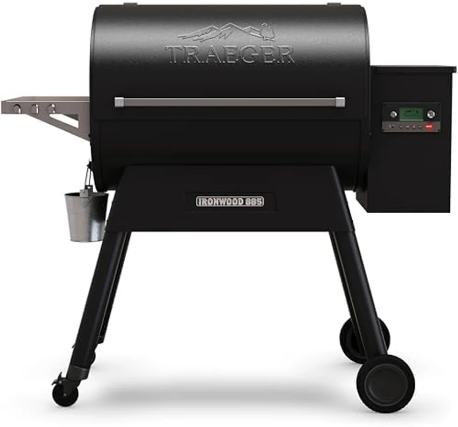 Traeger Ironwood 885 black wood-pellet smoker grill with WiFIRE technology, large barrel-style cooking chamber, side-mounted pellet hopper, and front control panel — the dominant 2026 pellet platform for set-and-forget BBQ smoking