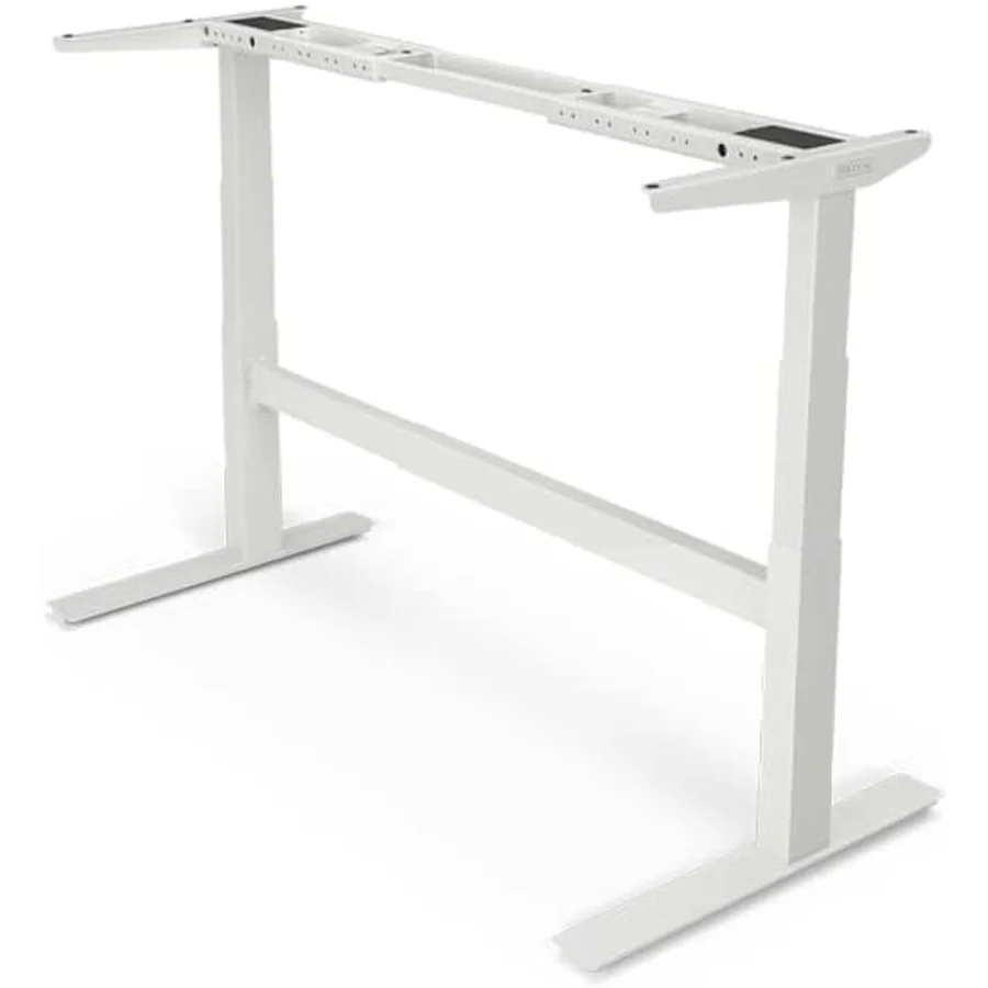 Uplift V2 white C-frame electric standing desk frame showing dual motors integrated into each leg column, visible 3-stage telescoping leg architecture, and frame-only configuration with no desktop attached — the Uplift V2 Commercial frame that pairs with the Uplift desktop configurator for bamboo, laminate, or butcher-block tops