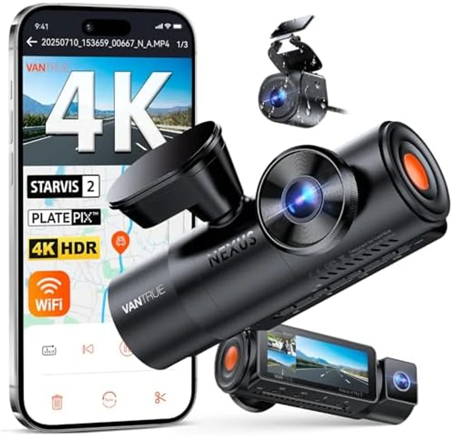 Vantrue N4 Pro S three-channel 4K dash cam system showing the front camera unit with VANTRUE branding alongside the smartphone app showing 4K + STARVIS 2 + PLATE PIX + 4K HDR feature badges — the only 3-channel pick for rideshare and fleet drivers in 2026