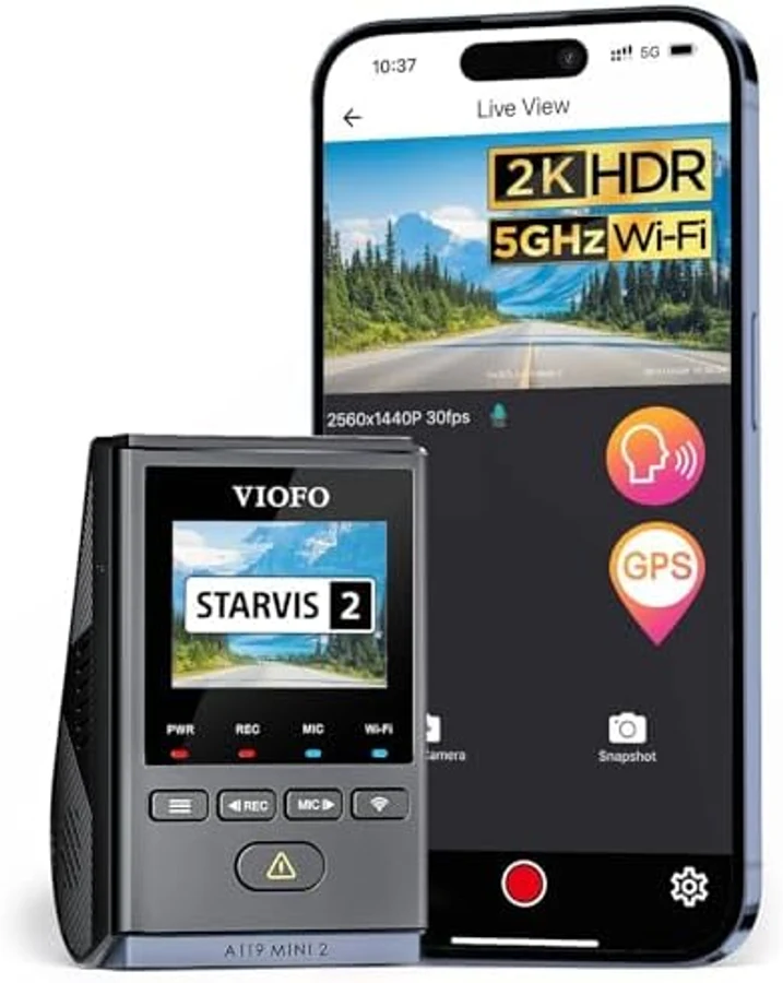 Viofo A119 Mini 2 compact dash cam in black showing the VIOFO branding at top and A119 MINI 2 model designation, with STARVIS 2 sensor branding visible on the screen — the under-US$100 STARVIS 2 entry-point dash cam in the 2026 US market