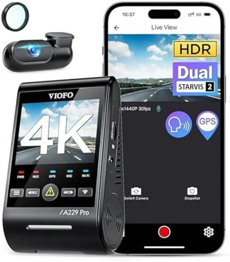 Viofo A229 Pro Duo dual-channel 4K dash cam system showing the front camera unit with prominent 4K branding and the A229 Pro model designation, paired with the smartphone Viofo app showing live preview — the 2024-launch flagship with Sony STARVIS 2 IMX678 + IMX675 sensors
