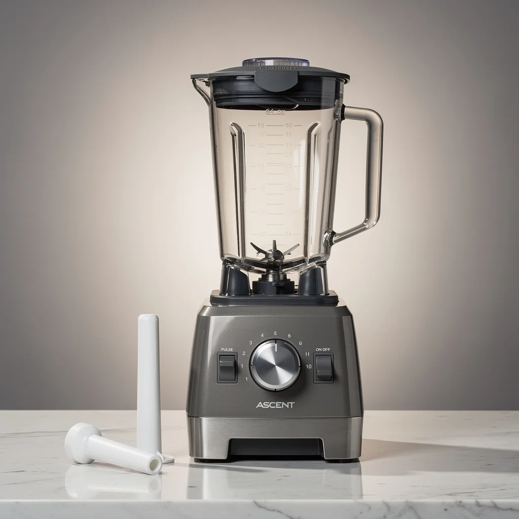 Vitamix A2300 Ascent Series Smart Blender in slate grey with 64 oz Low-Profile container, classic Vitamix base with manual variable speed dial and pulse switch, included tamper visible — the Ascent platform's mid-flagship that shares motor + container + 10-year warranty with the touchscreen A3500