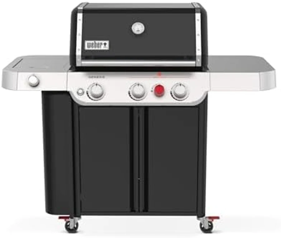 Weber Genesis E-335 black liquid-propane gas grill with three burners, integrated side burner, and grill locker storage cabinet — the 2024-launch flagship of Weber's Genesis line