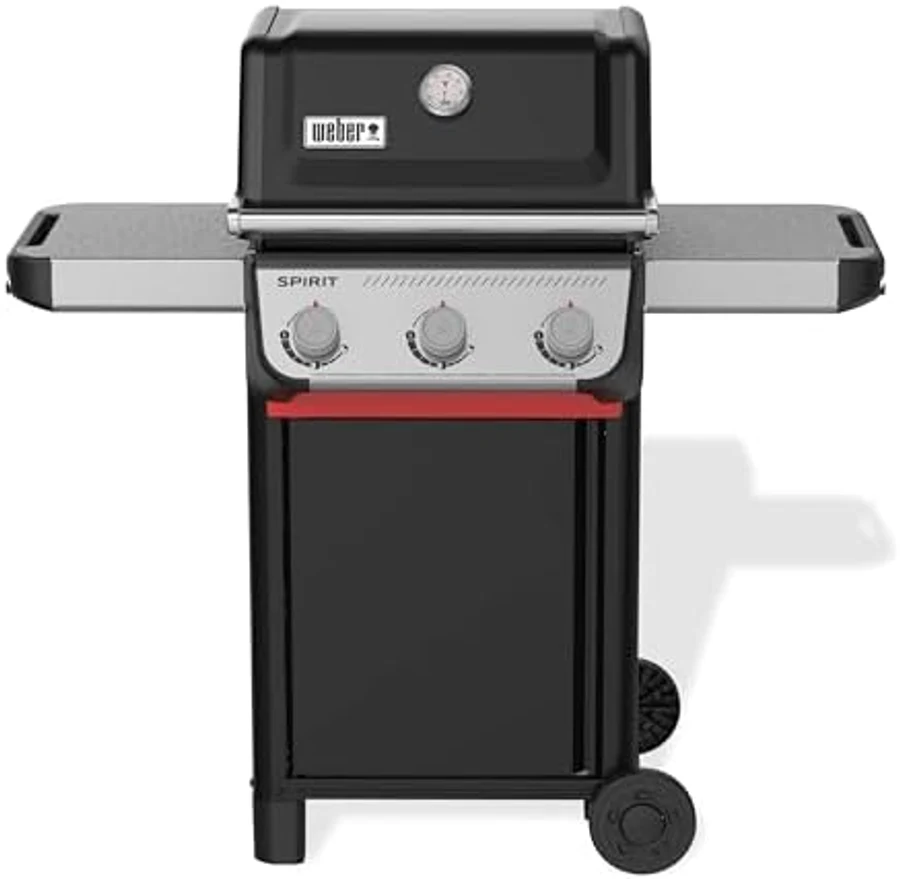 Weber Spirit II E-310 black liquid-propane gas grill with three burners, side tables, all-weather wheels, propane tank cabinet, and Snap-Jet ignition — the compact-footprint Weber gas grill engineered for balconies and small patios