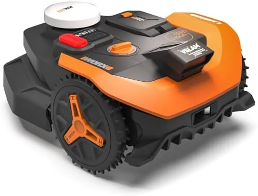 WORX Landroid Vision Cloud WR310 robot lawn mower in orange and black with curved chassis and front-mounted Vision Cloud camera module