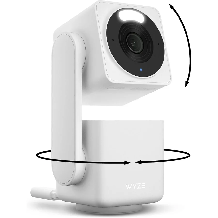 Wyze Cam Pan v4 in white with rounded compact design, motorized 360° pan/tilt base, 4K camera lens prominent at the front, integrated status LED — the budget 4K pan/tilt pick at US$59.98
