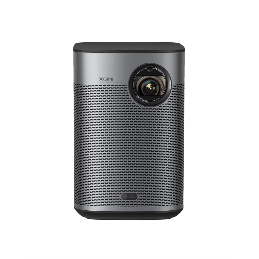 XGIMI Halo Plus 1080p portable smart projector with Harman Kardon speakers, gray metal cylindrical body with prominent perforated speaker grille and lens